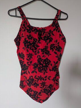 Turquoise couture Tankini top Size L Red Black Floral Tropical Swim Beach